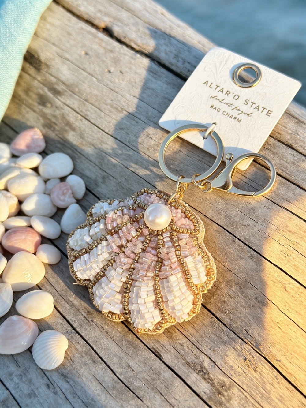 Altar'd State Pink & Ivory Beaded Shell Keychain